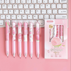 Peach Kawaii Gel Pen Set – 0.5mm Black Ink Retractable Pens (Pack of 6)