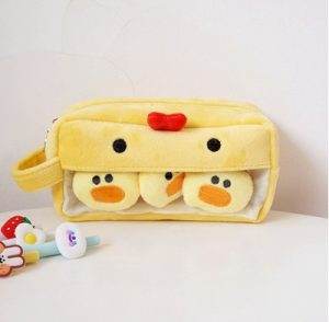 Cute Animal Pet Pencil Case with Mini Badges & Plush Exterior - Duck