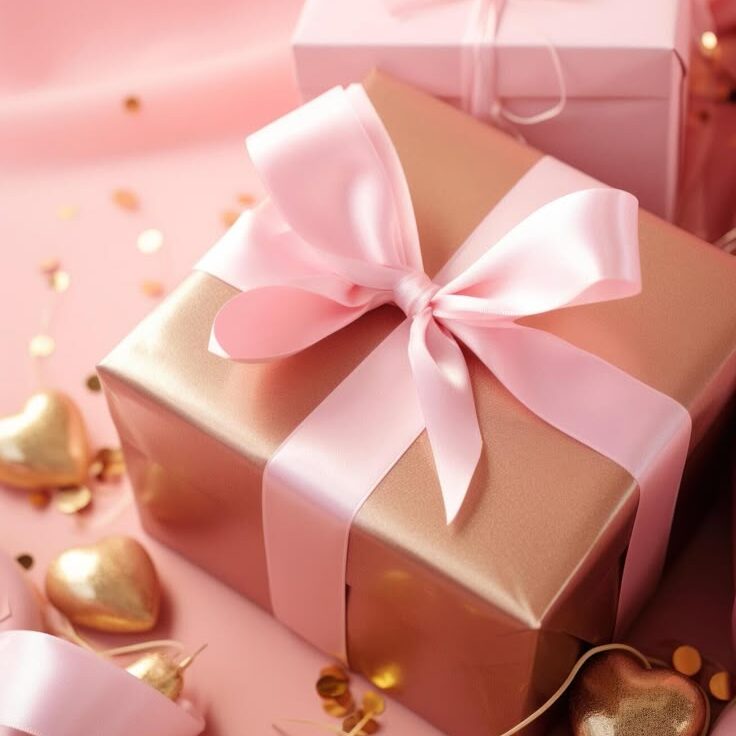 Download AI generated pink wrapping gifts hearts and gold ribbons on pink background for free e1739704454530 -YO