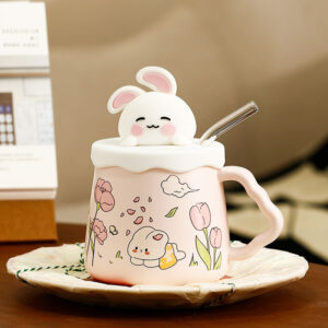 Cute Bunny Mug with Lid & Straw – Kawaii Pastel Ceramic Drinkware