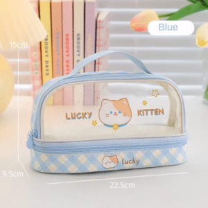 Bunny Bliss Transparent Double-Layer Pencil Pouch (Large Capacity) - Blue