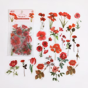 Vintage Botanical Sticker Pack for Journals – 40 Pieces Series - Crimson Bloom – Red Floral Collection
